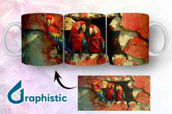 Break Through Parrots Couple Mug Wrap 14: A Vibrant Graphics and Illustrations Asset